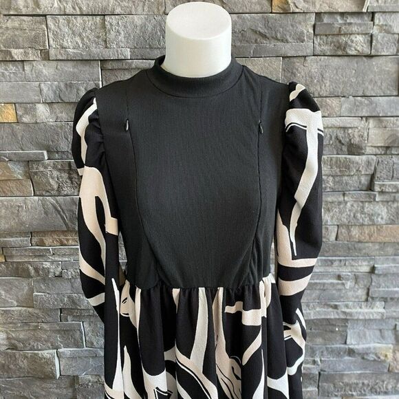 SHEIN‎ Woman’s Dress MIDI Puff Sleeves Black Ivory Beige XL Flowy Stretch Trendy - Picture 4 of 7